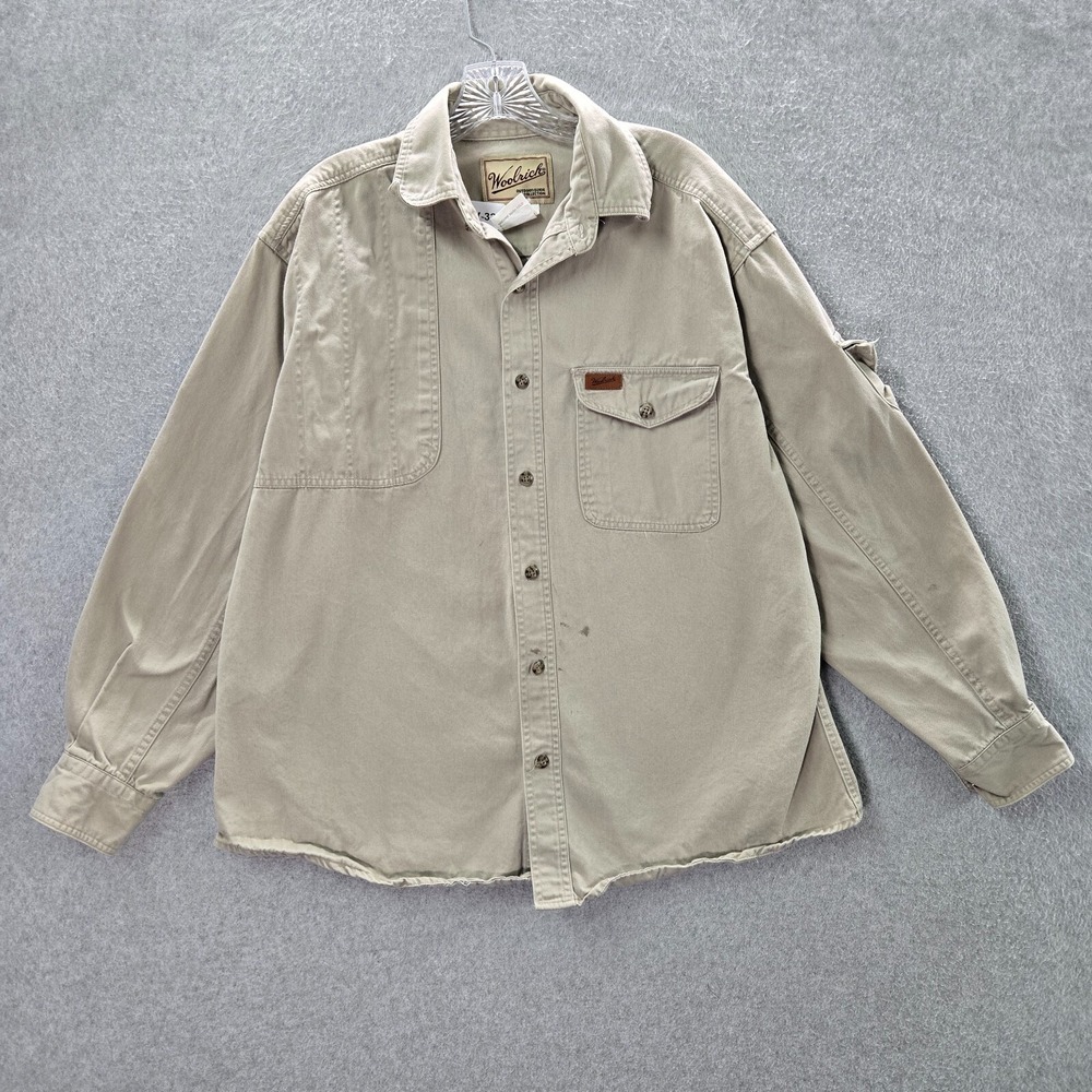 Woolrich Men Button Up Shirt Large Khaki Outdoor Hunting Long Sleeve Collar READ